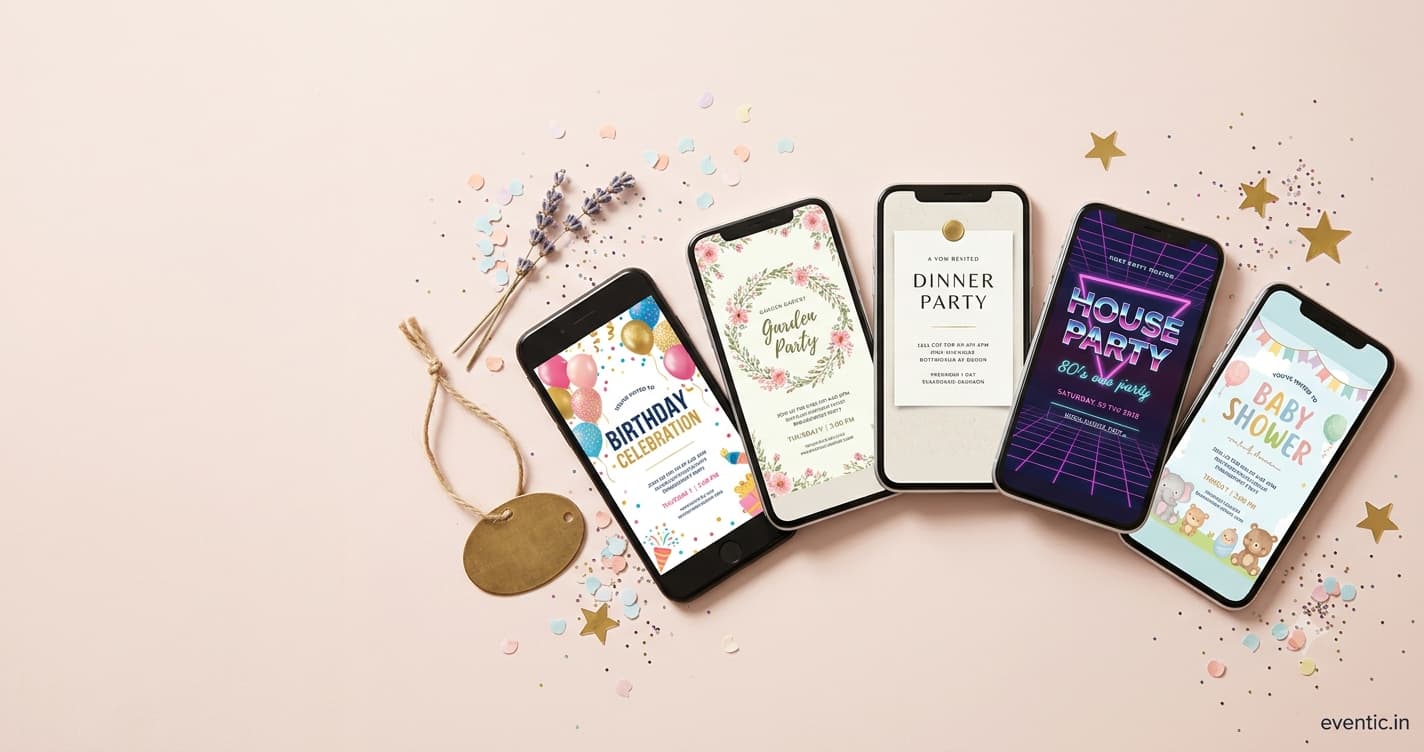 Several smartphone screens showing different free digital invitation designs laid out on a pastel background