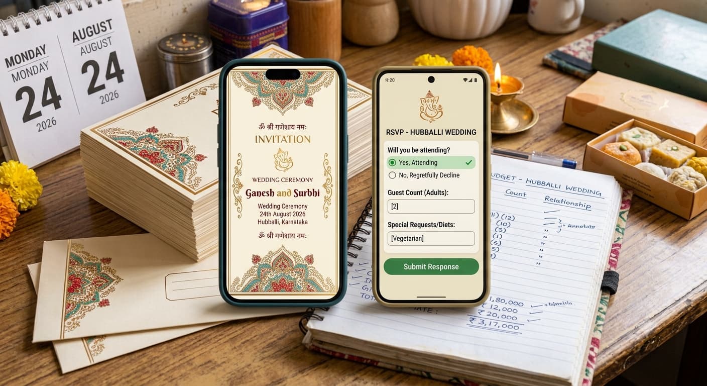 Two phones side by side showing digital Indian wedding invitations, one with a basic image and one with an RSVP response screen.