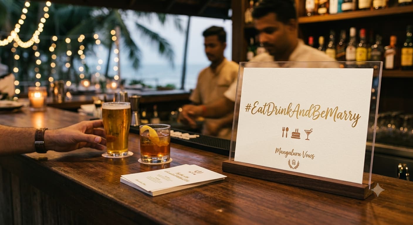 A hand-lettered wedding sign reading a humorous couple's hashtag, propped against a bar with drinks in the foreground.