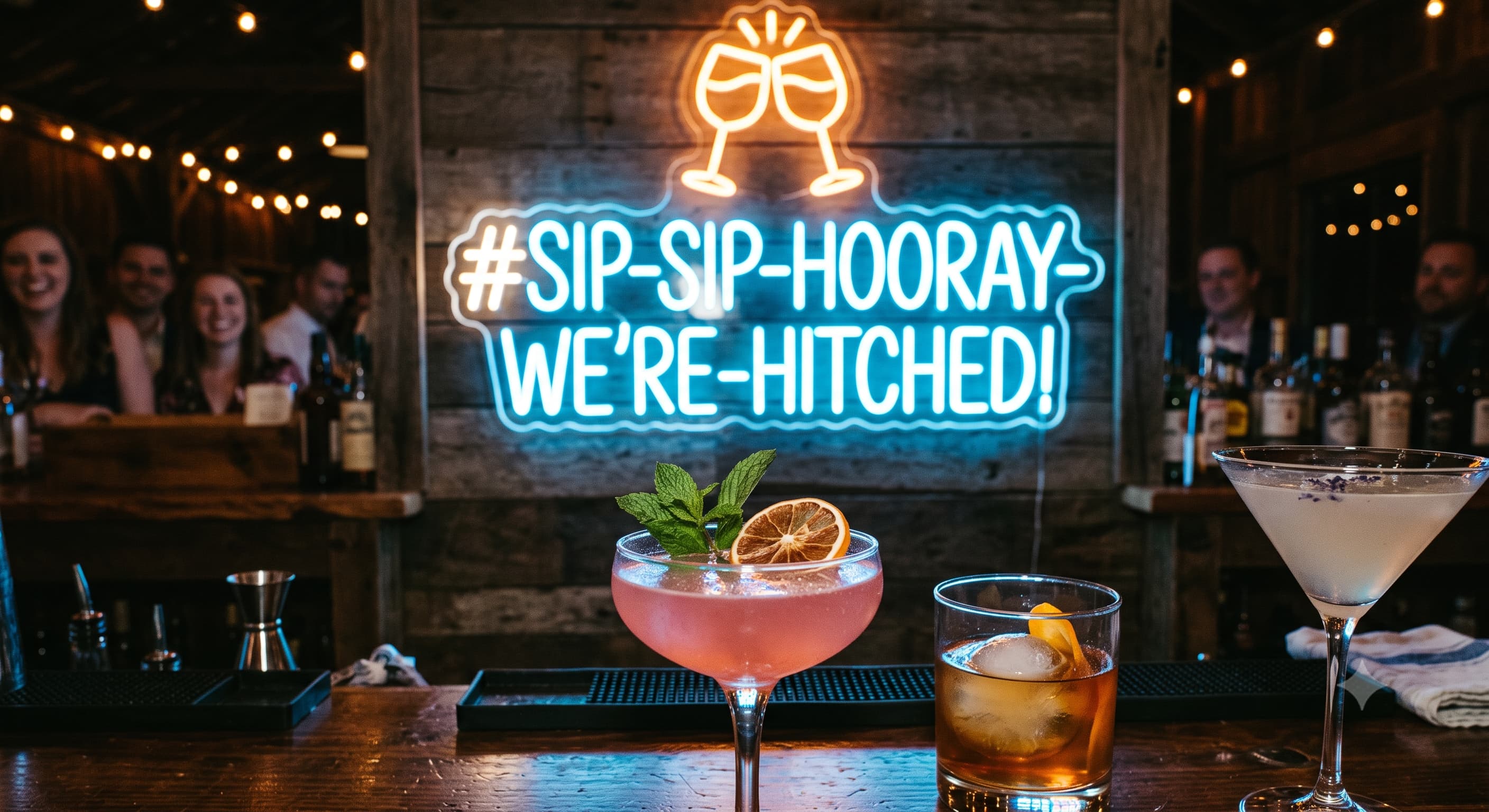 A neon-style wedding bar sign displaying a punny wedding hashtag, with cocktail glasses in the foreground.