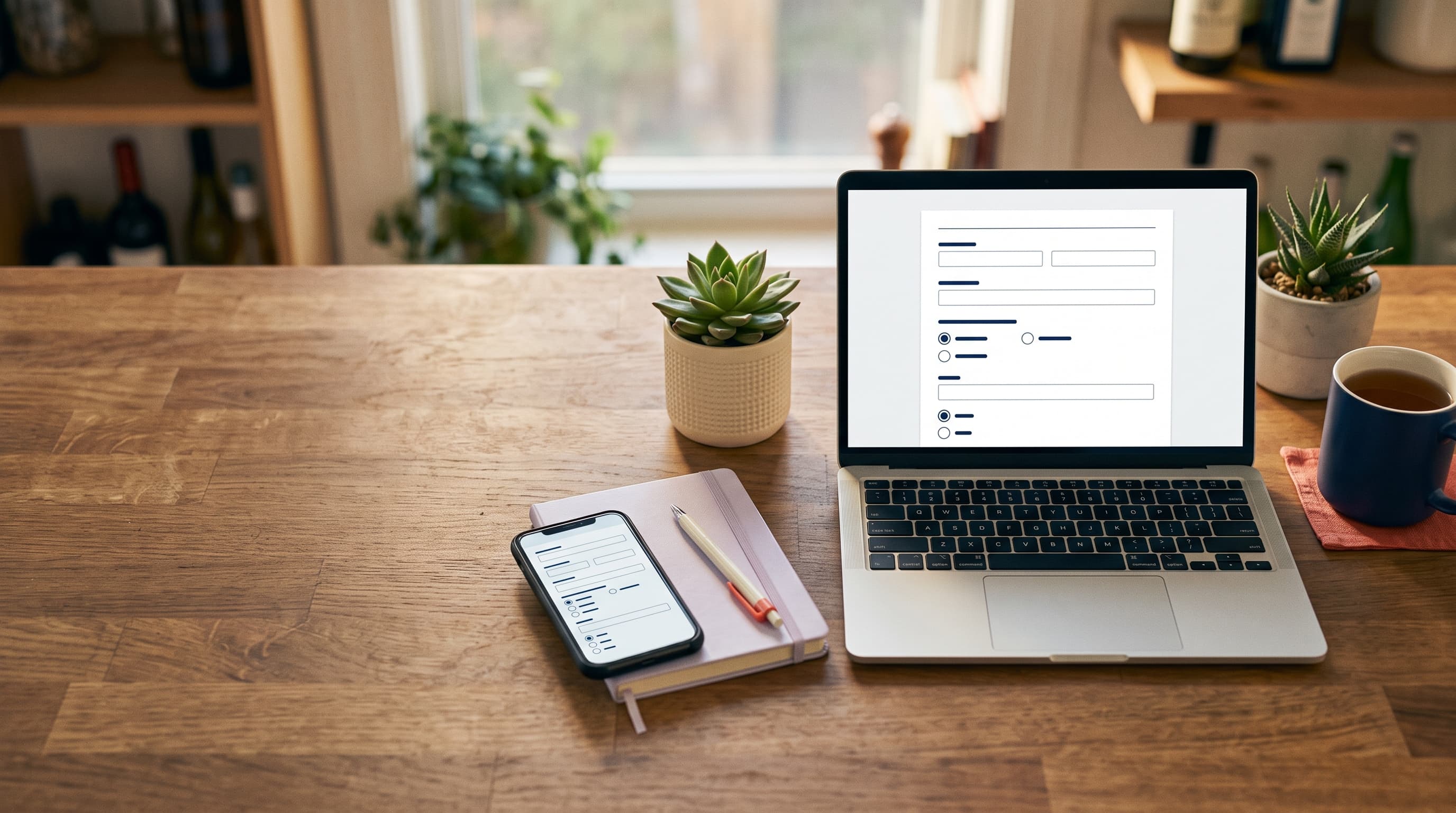 A laptop and phone showing a simple online RSVP form on a bright minimal desk