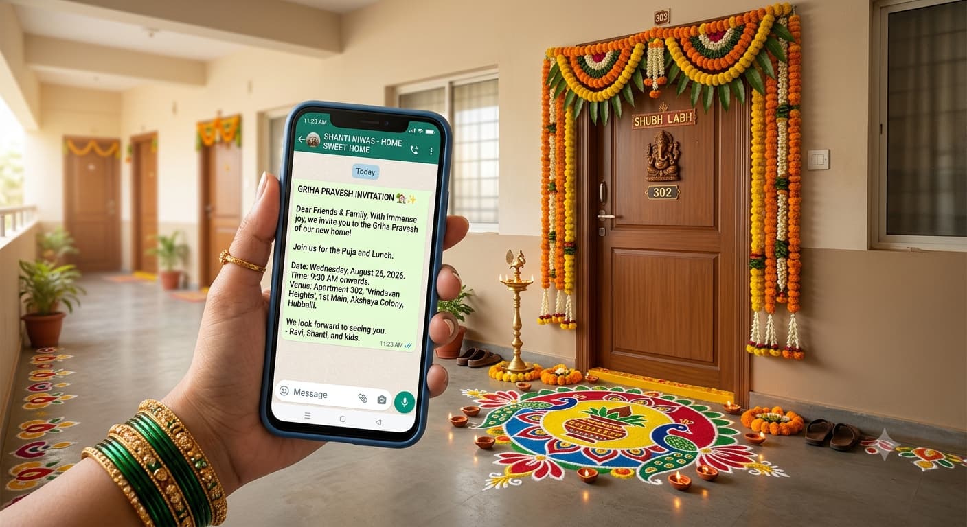 A decorated apartment doorway with a marigold toran and rangoli, with a phone in the foreground showing a griha pravesh invitation message.