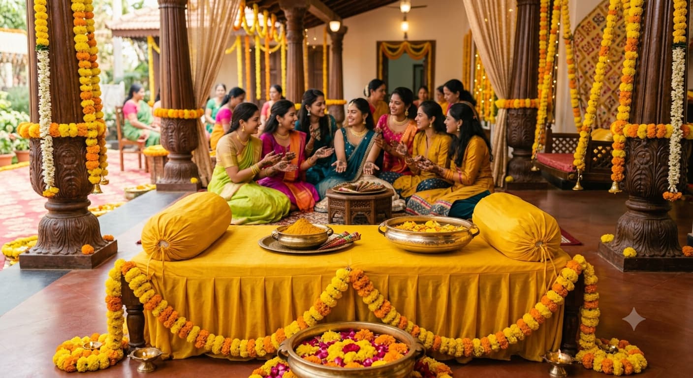 A yellow-draped haldi setup in the foreground with marigold mehndi decor arranged behind it at the same venue.