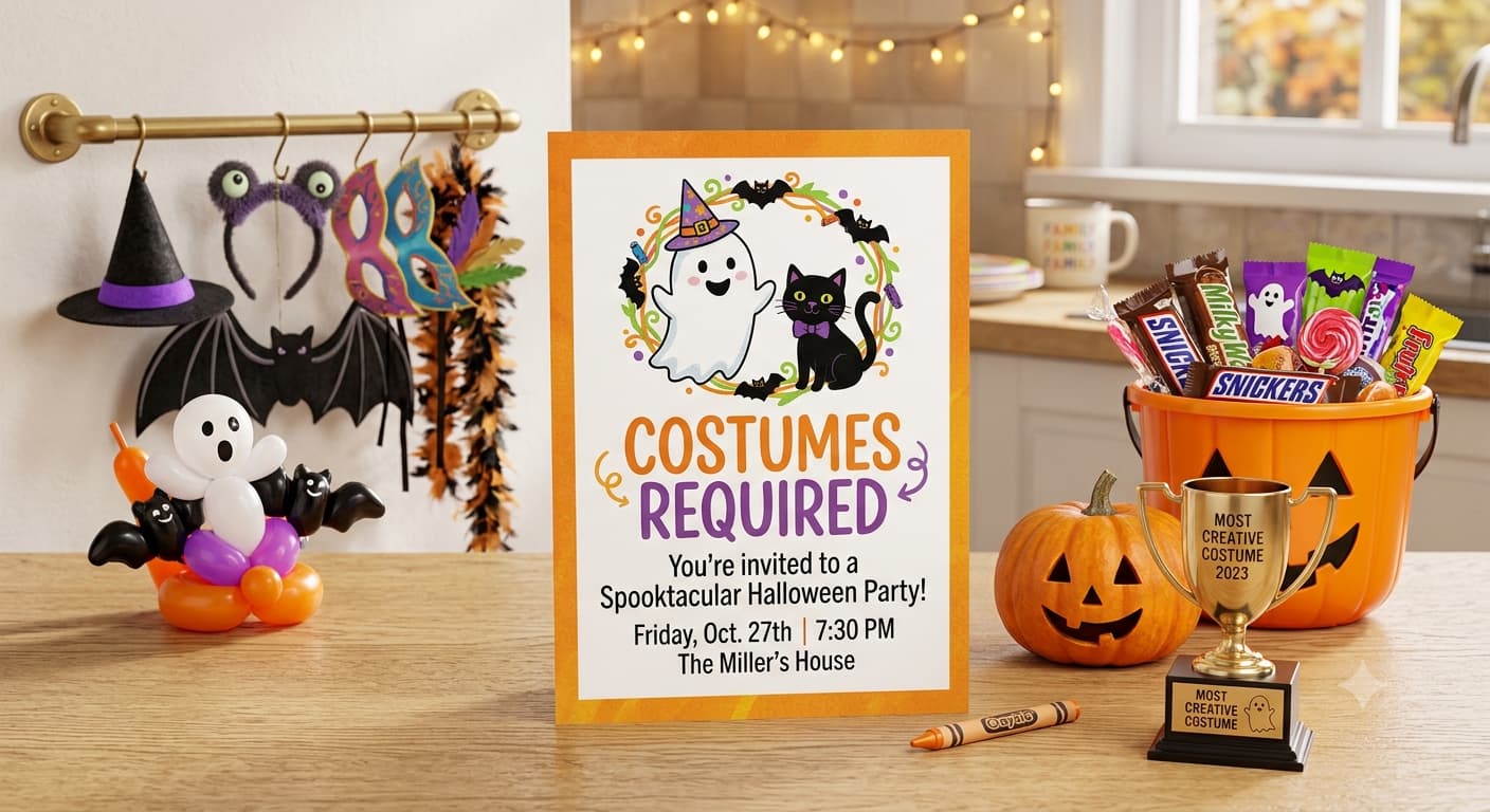 A Halloween party invitation reading "costumes required" beside a rail of costume accessories and a small trophy.
