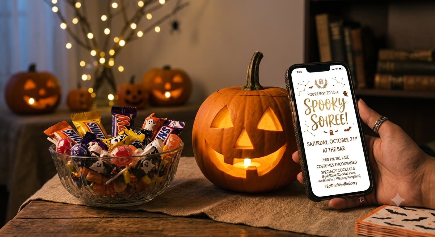 A digital Halloween party invitation on a phone screen, propped against a carved pumpkin and a bowl of wrapped sweets.