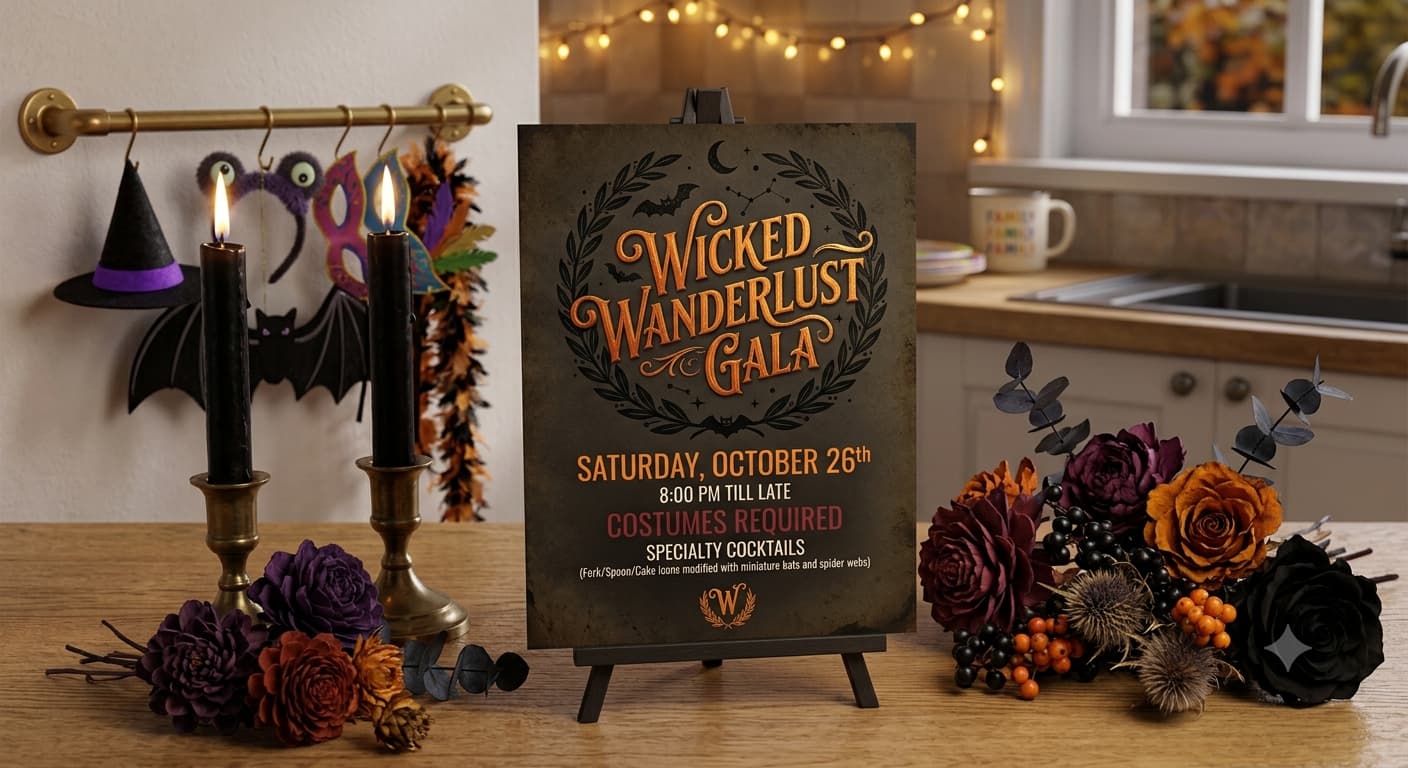 A dark Halloween invitation with an ornate party name in orange lettering, beside candles and dried flowers.