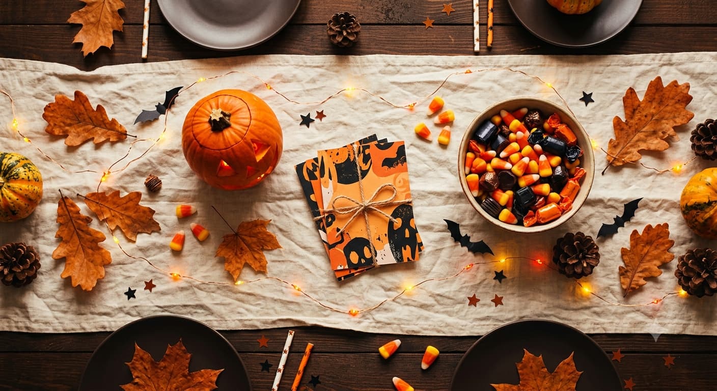A Halloween party table set with a carved pumpkin, candy bowl, and string lights