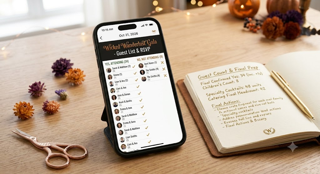 A phone showing a Halloween invitation RSVP list with yes and no replies, beside a notepad with a guest count.