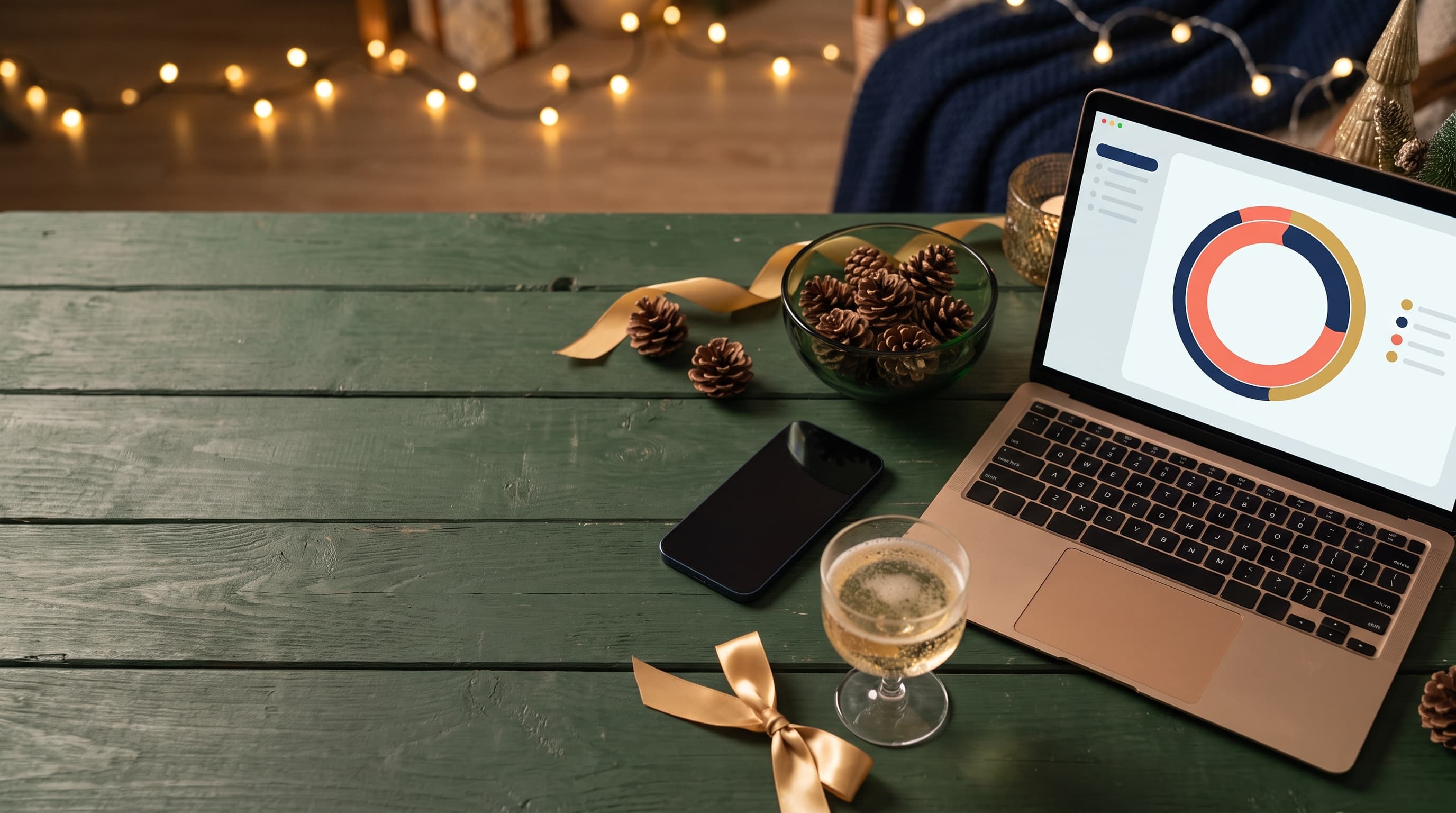 A laptop and phone showing a party guest list on a festive table with string lights and pine cones