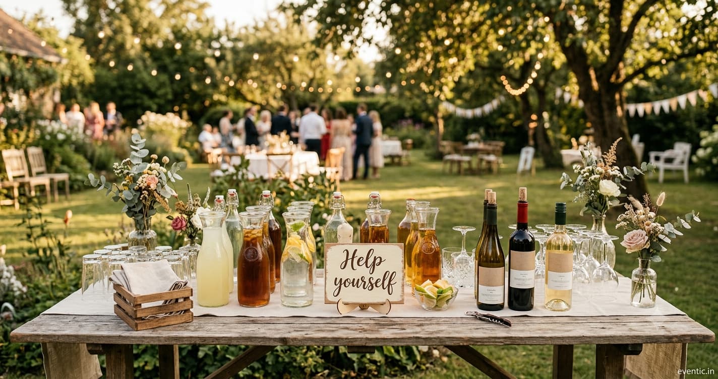 A wedding bar setup with a self-serve drinks station and a handwritten sign, showing an unlicensed host-poured bar at a private event