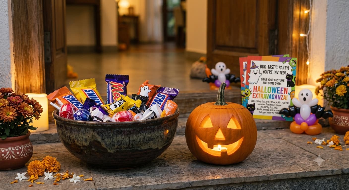 A large bowl of wrapped fun-size Halloween sweets on a doorstep beside a lit carved pumpkin.