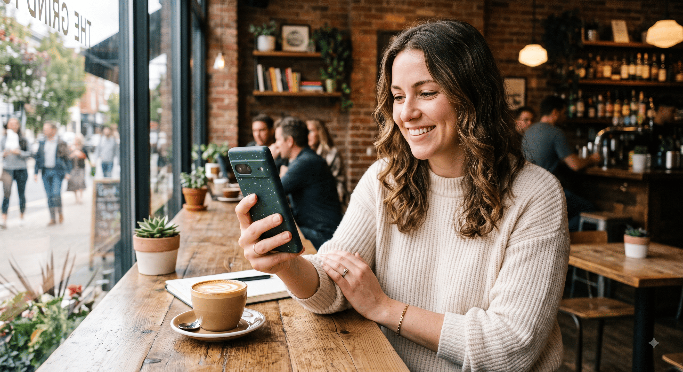 A phone showing a playful date invitation on screen, held by someone sitting in a café.