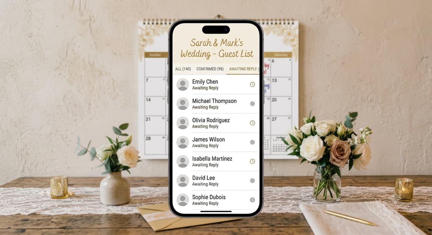 A phone screen showing a guest list with several names still marked as awaiting a reply.