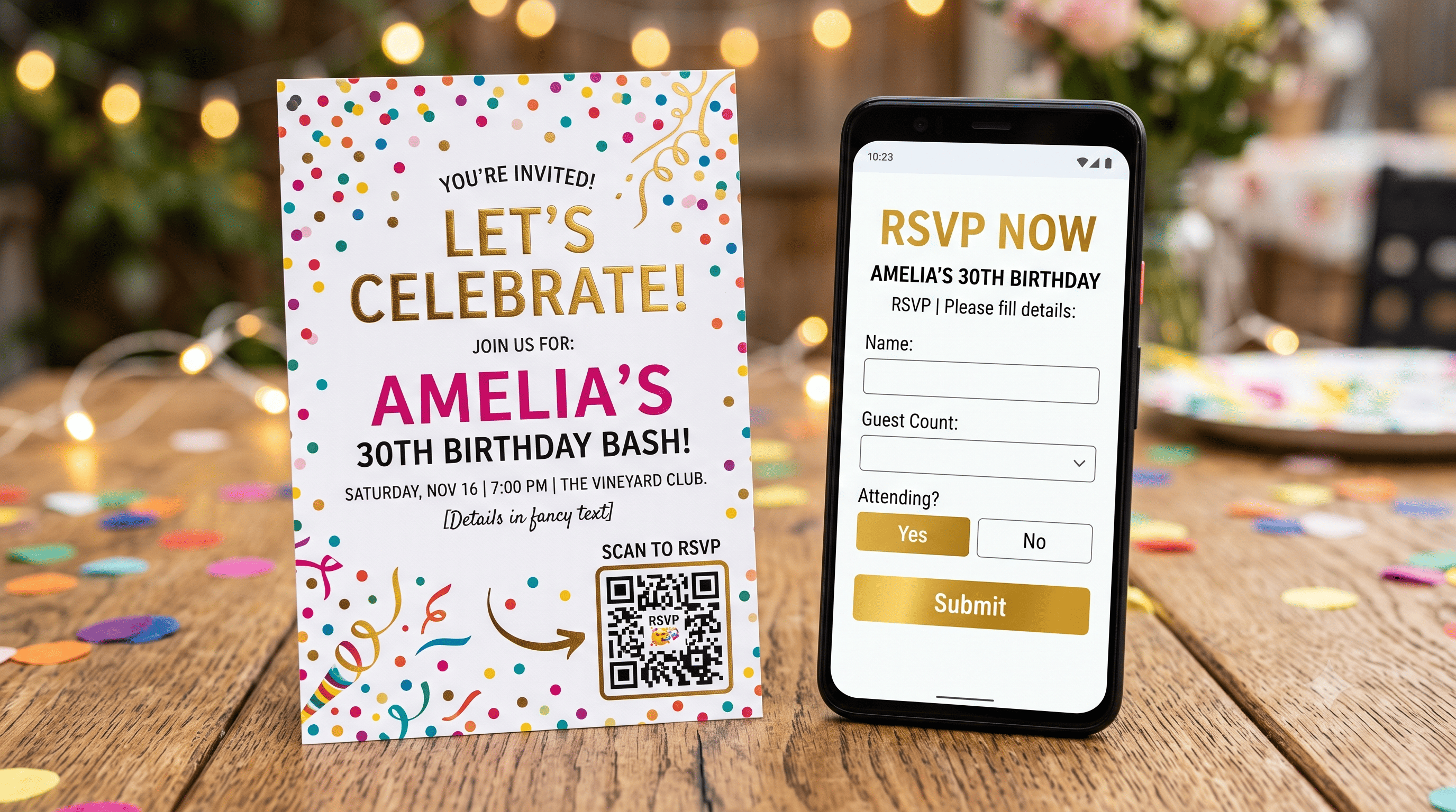A printed party invitation with a QR code in the corner, next to a phone displaying an open RSVP form.