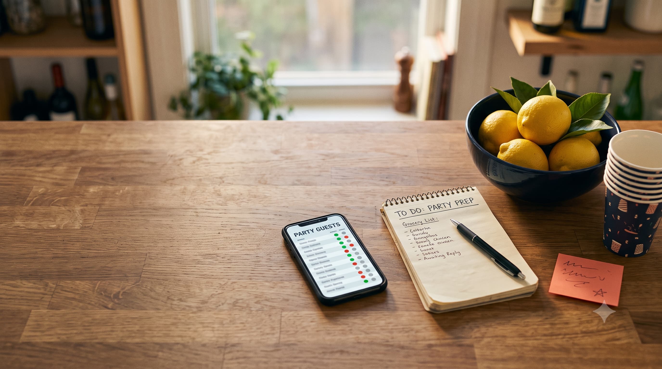A phone showing a guest reply list on a kitchen counter beside a grocery list and party cups