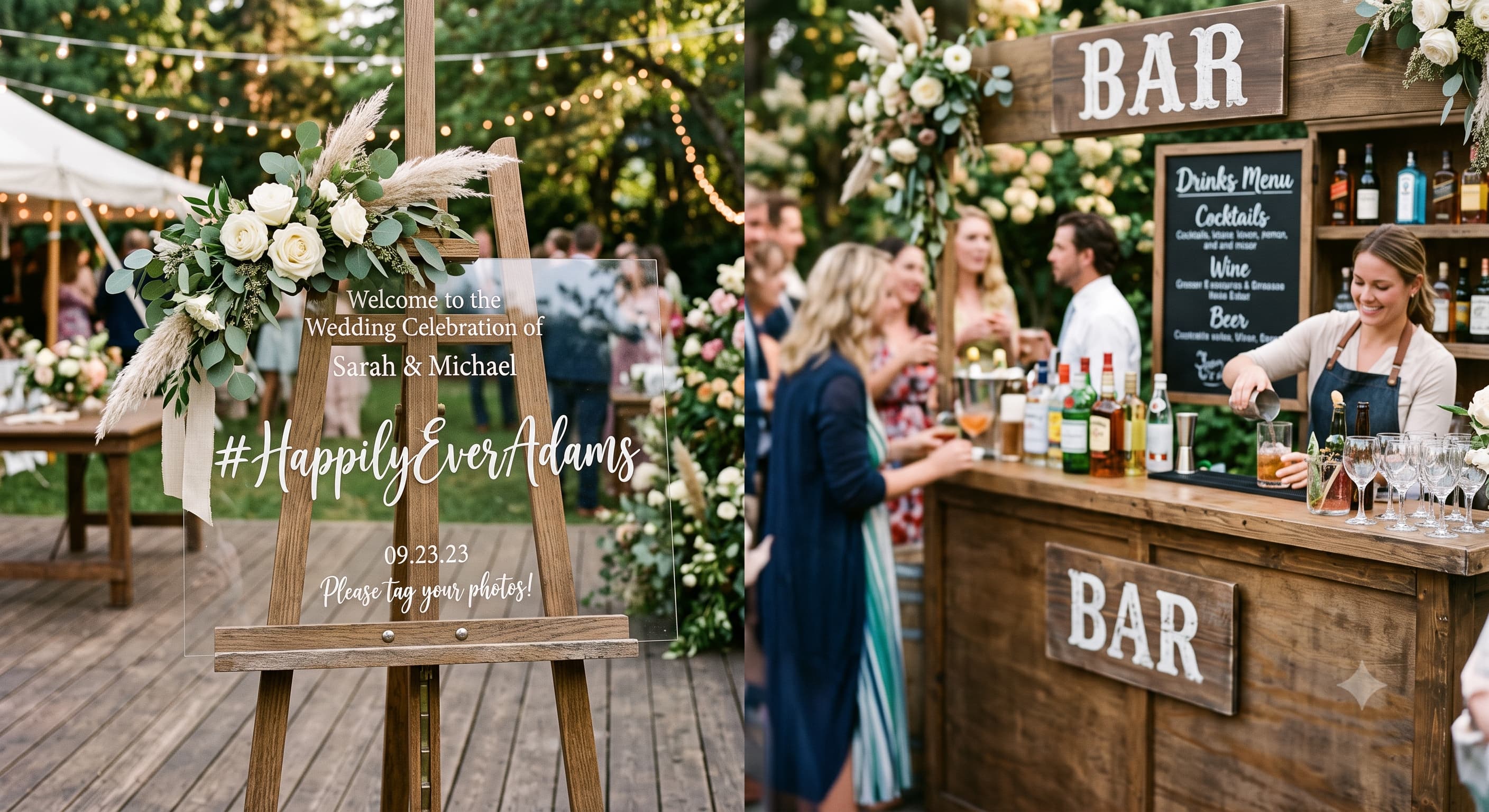 An acrylic wedding sign on a wooden easel beside a bar, displaying a couple's wedding hashtag in white script lettering.