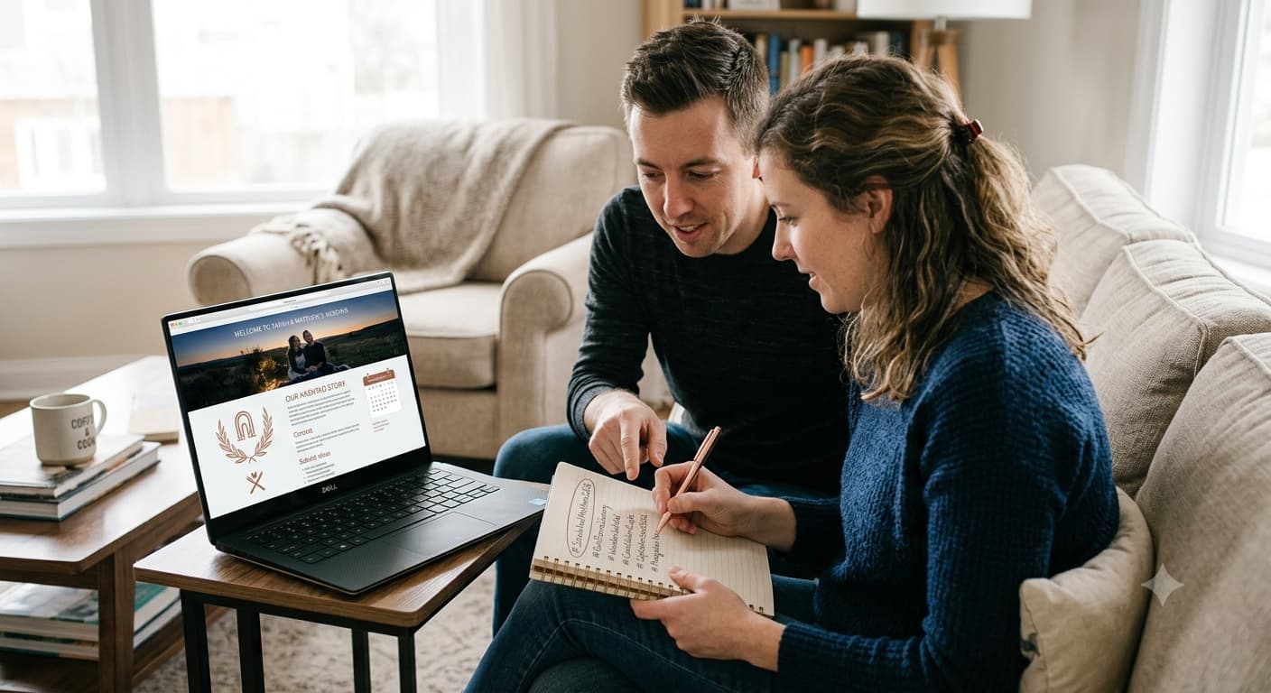 A couple sitting on a sofa writing hashtag ideas in a notebook, with a laptop showing a wedding website open beside them.