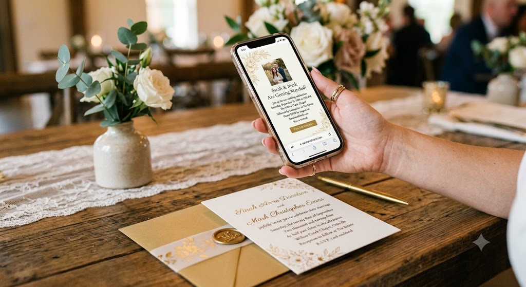 A hand holding a phone showing a wedding invitation message, with a printed invitation card on the table beneath it.
