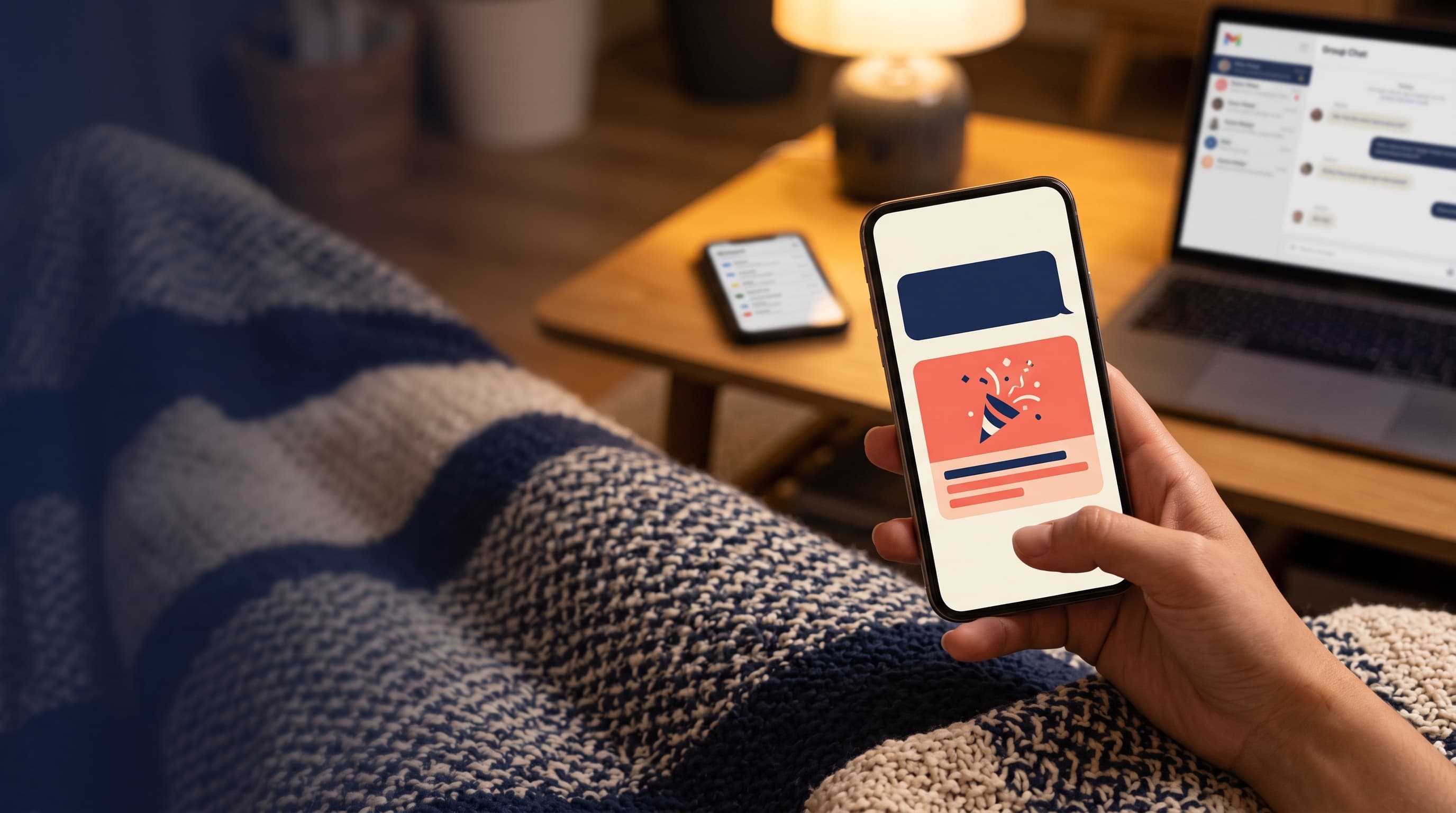 A hand holding a phone showing a text message with a party invitation link on a cosy sofa