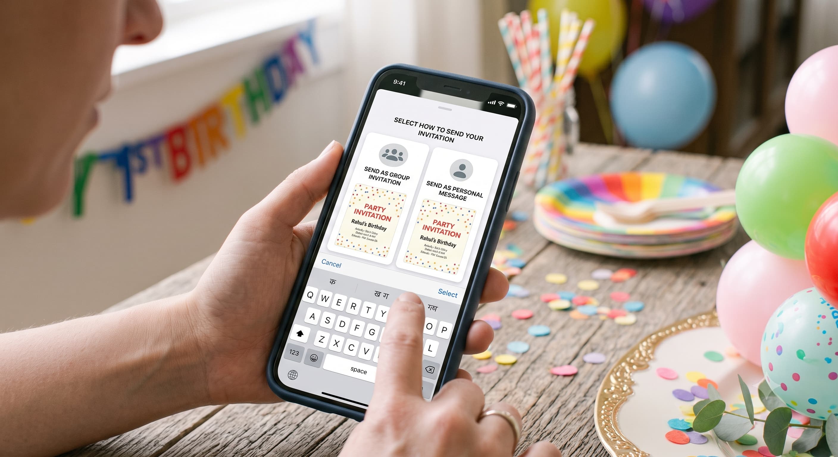 A person choosing between a WhatsApp group chat and a personal message to send a birthday invitation card from their phone.
