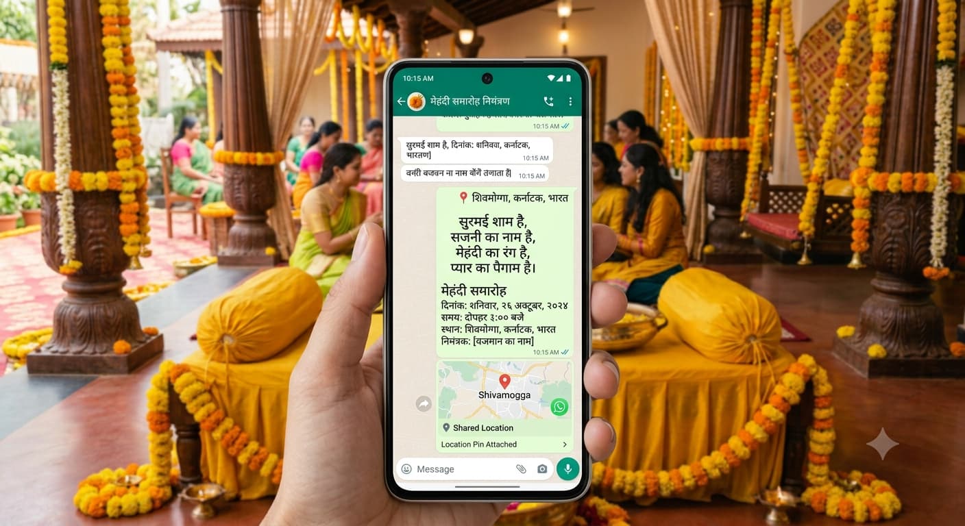 A phone showing a WhatsApp chat with a mehndi ceremony invitation message and an attached location pin.
