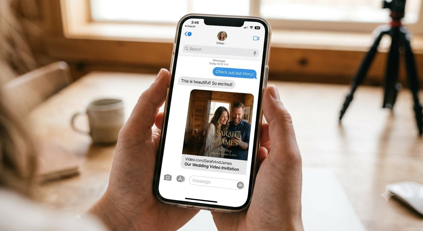 A phone showing a wedding invitation video link preview card in a message thread, with the couple's names and date visible.