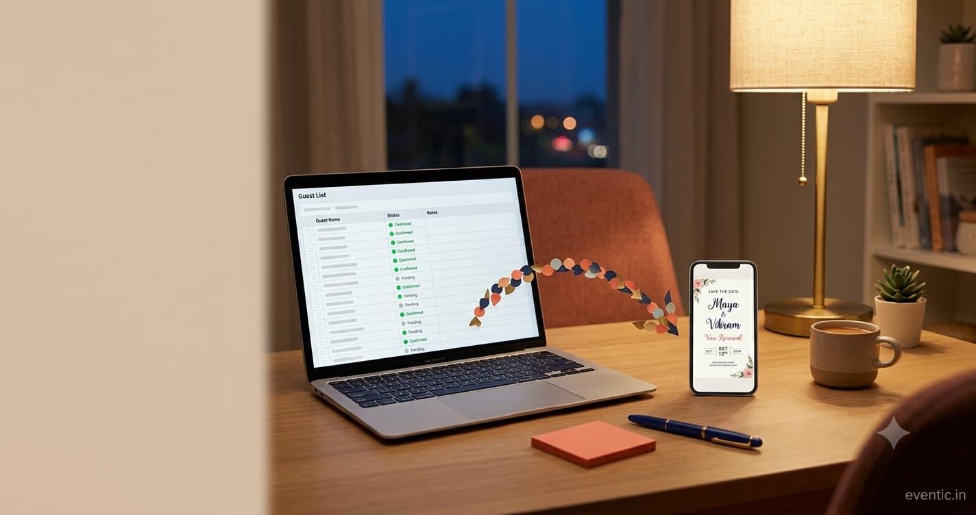 A laptop showing a spreadsheet of guest RSVPs next to a phone with a new digital invitation open