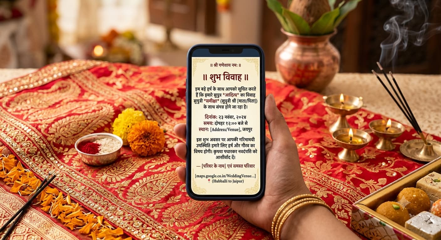 A phone screen showing a wedding invitation message written in Hindi Devanagari script, placed on a red and gold cloth.