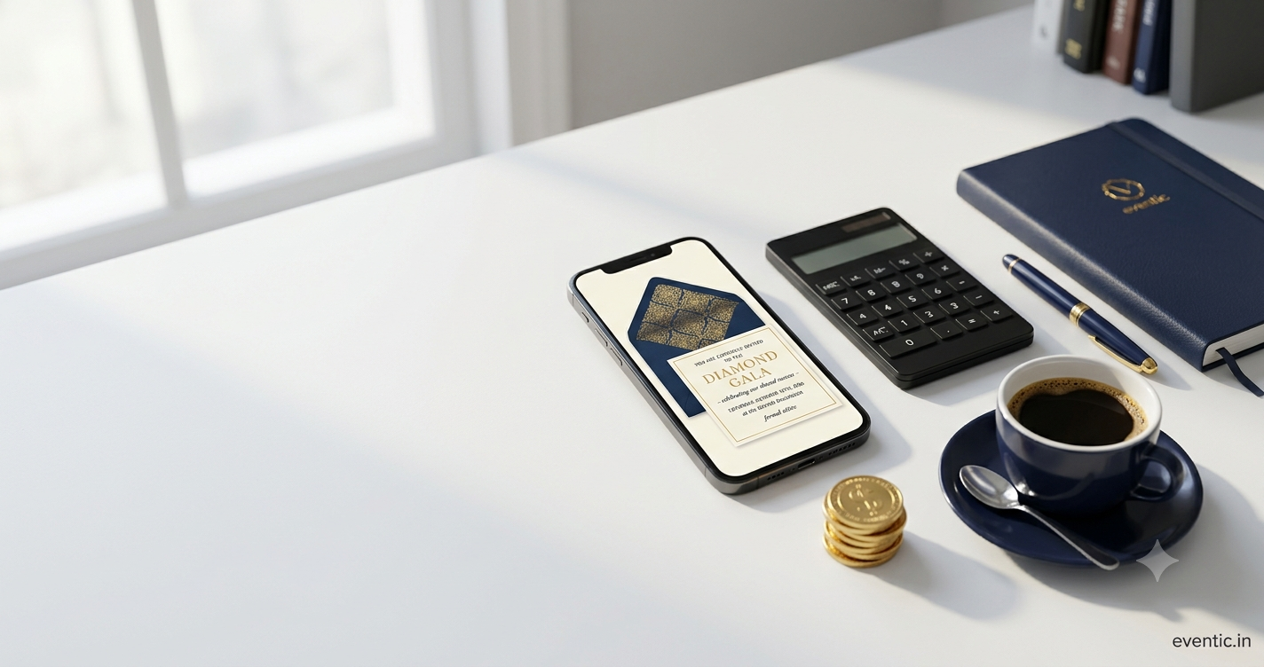 A calculator, a phone showing a premium digital invitation and a coffee cup on a white desk