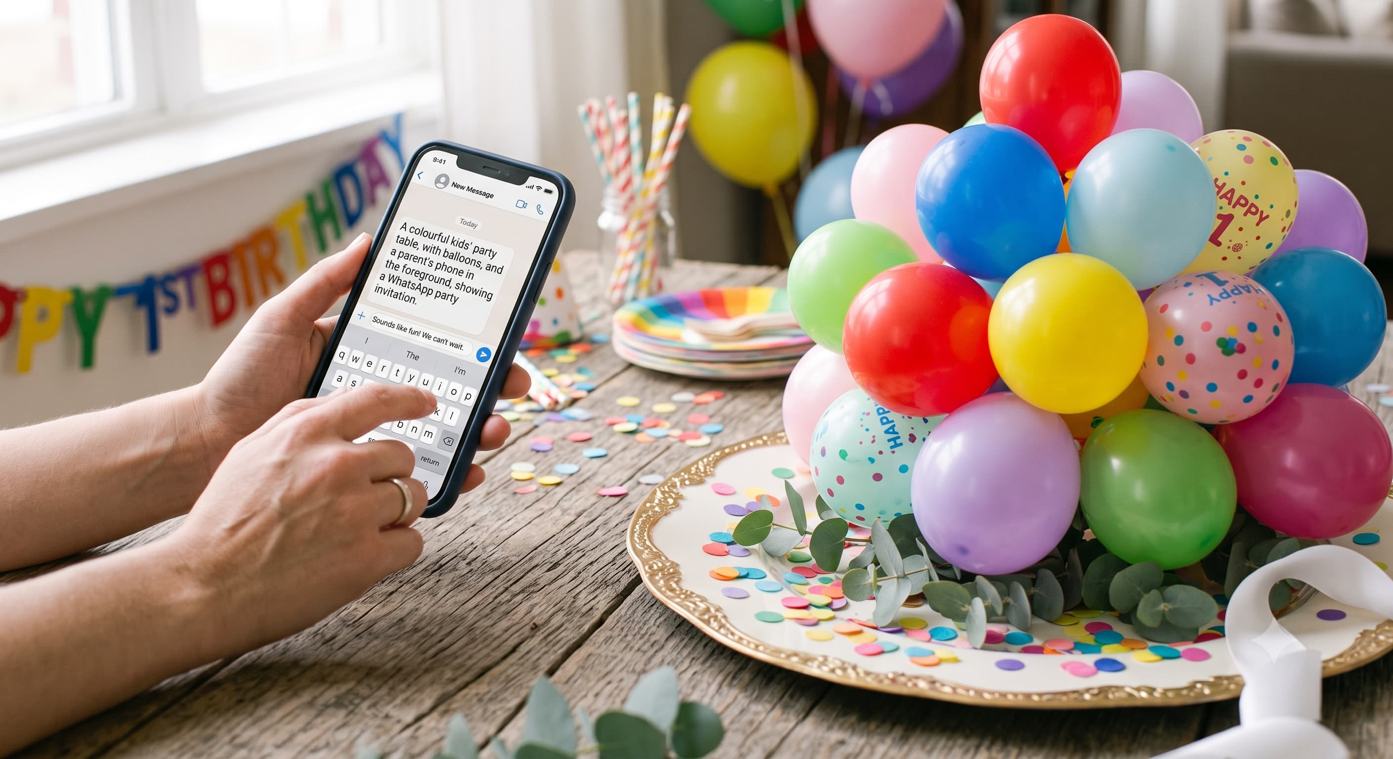 Colourful kids' birthday party table with balloons, and a parent's phone in the foreground showing a WhatsApp party invitation.