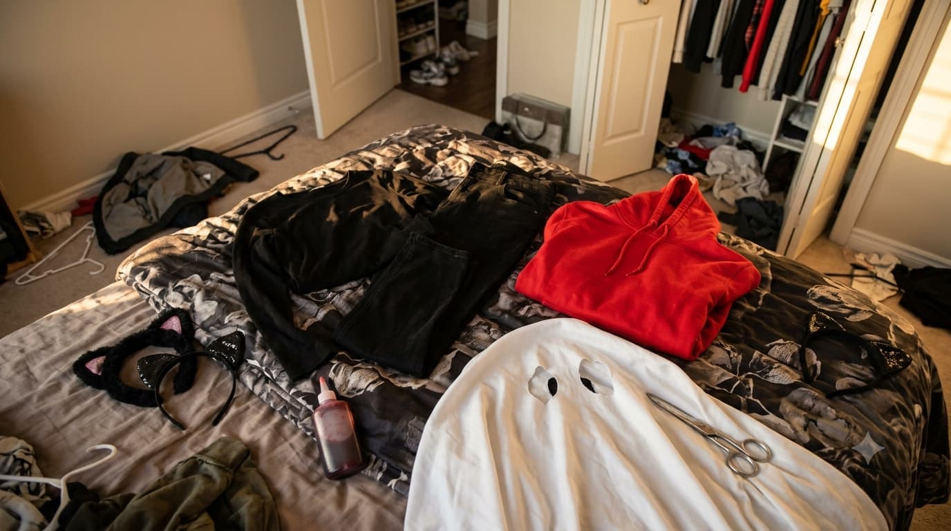 Simple last-minute Halloween costume pieces laid out: black outfit, sheet, cat ears, face paint