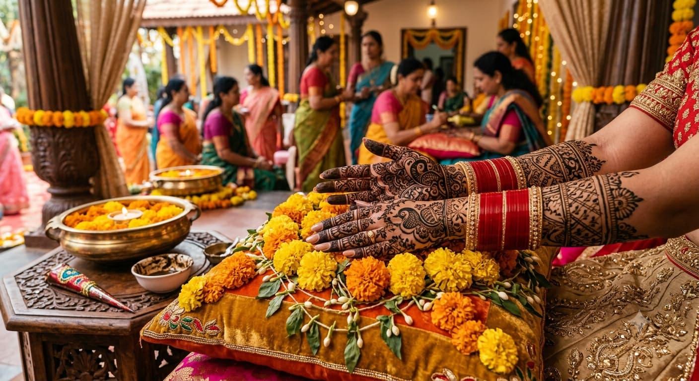 A bride's hands covered in fresh mehndi design resting on a marigold-decorated cushion at a mehndi ceremony.