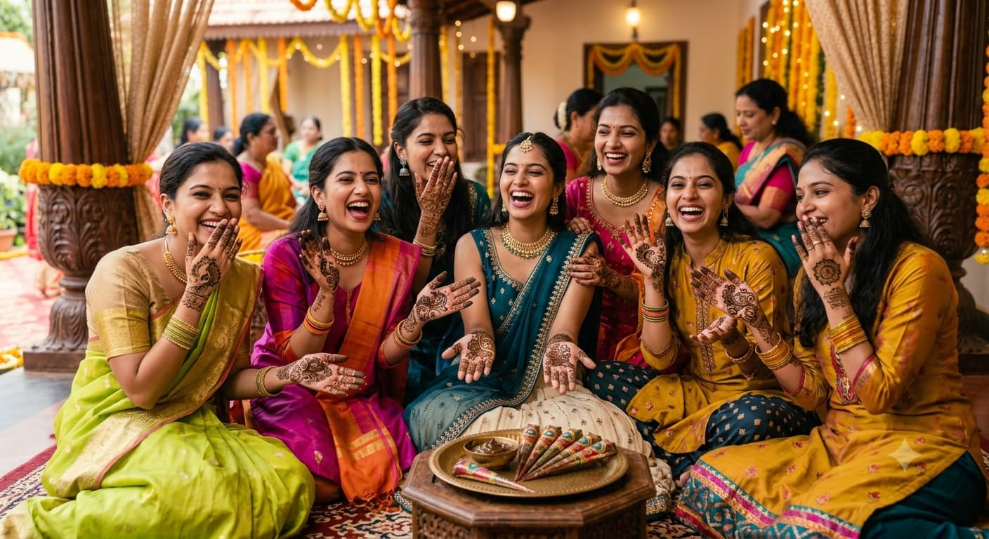 A group of friends laughing together with freshly applied henna on their hands at a mehndi function.