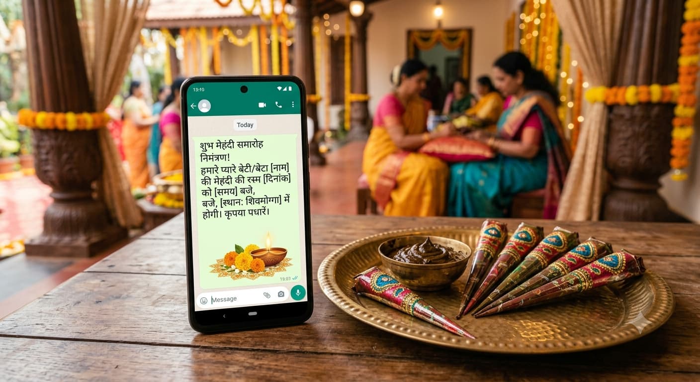 A phone screen showing a Hindi mehndi ceremony invitation message beside a plate of henna cones.
