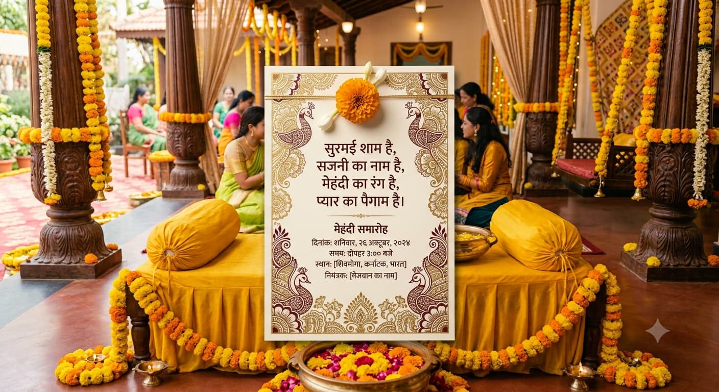 A decorated mehndi invitation card with a Hindi couplet printed above the ceremony details.