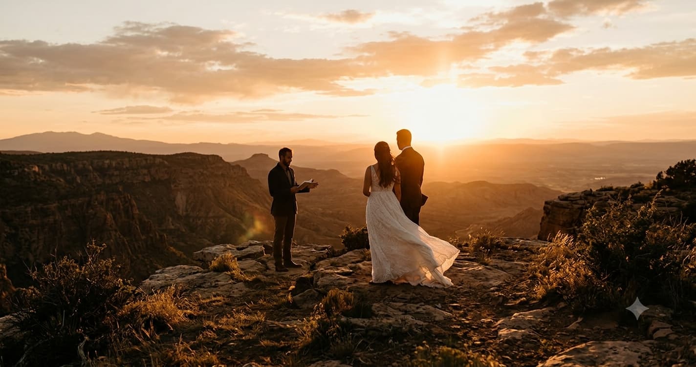 A small elopement ceremony with two witnesses on a cliffside overlook at sunset