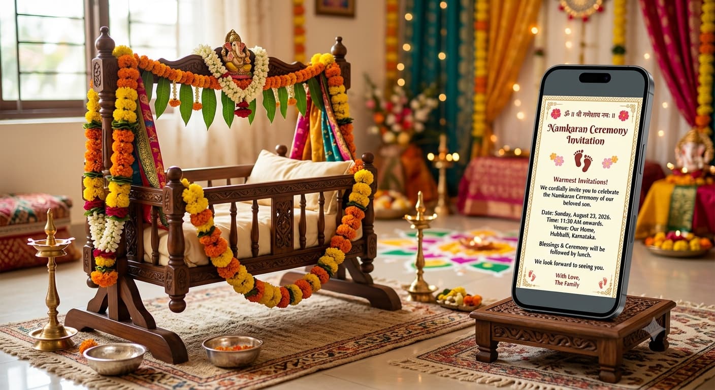 A decorated cradle with flowers beside a phone showing a namkaran ceremony invitation message.