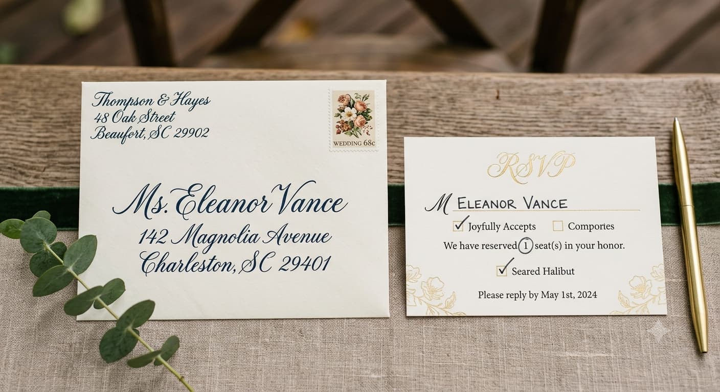 A hand-addressed wedding envelope with a single guest's name, next to an RSVP card showing a reserved seat count.