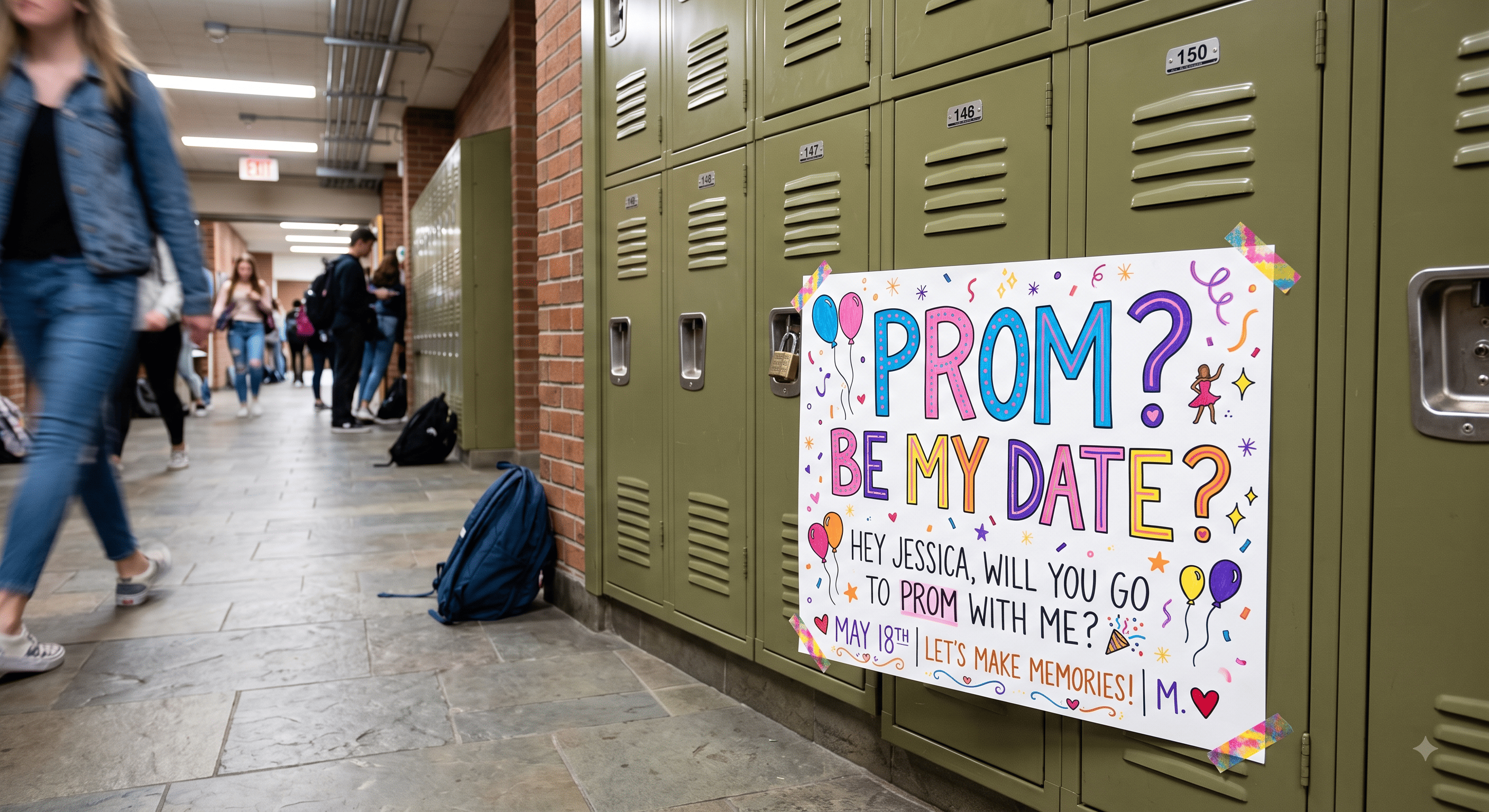 A hand-lettered poster board asking someone to prom, propped against a school locker.