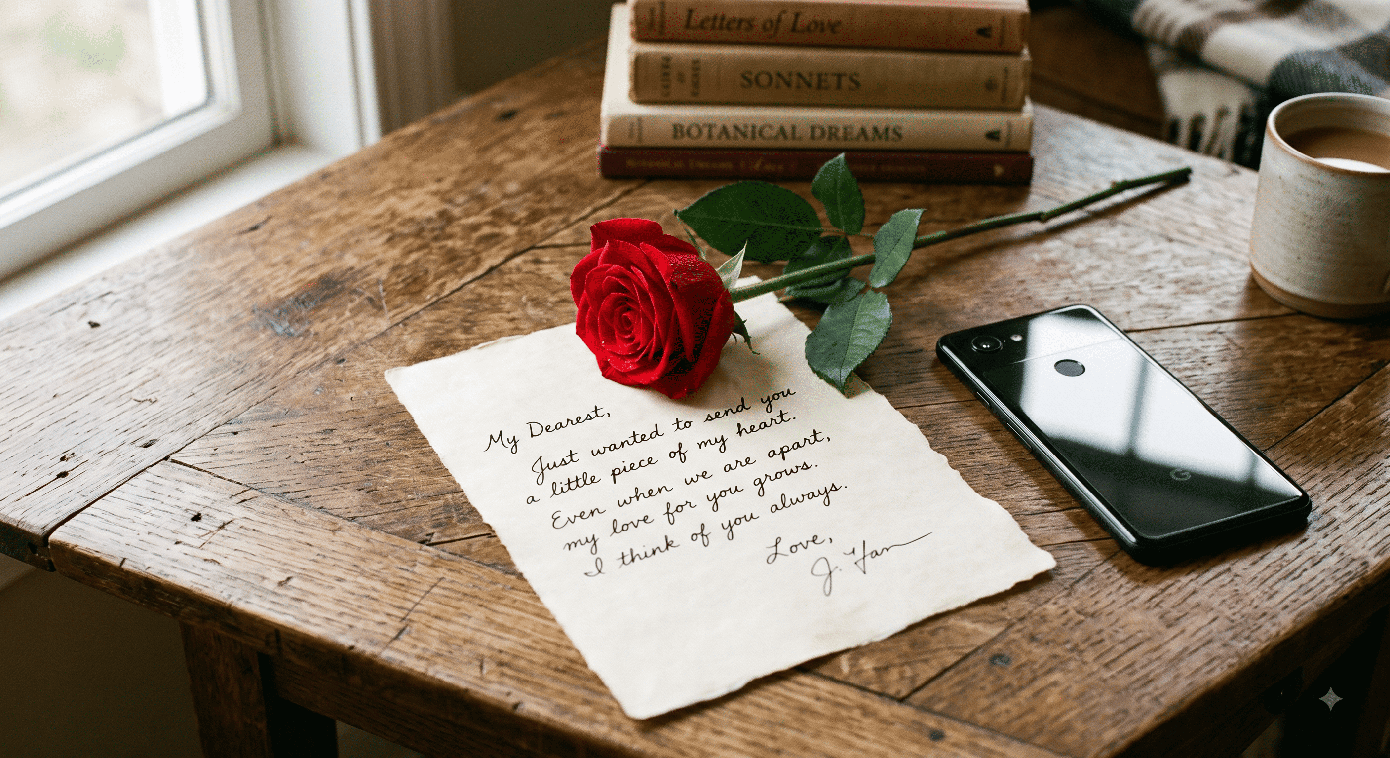 A single red rose resting on a handwritten note beside a phone.