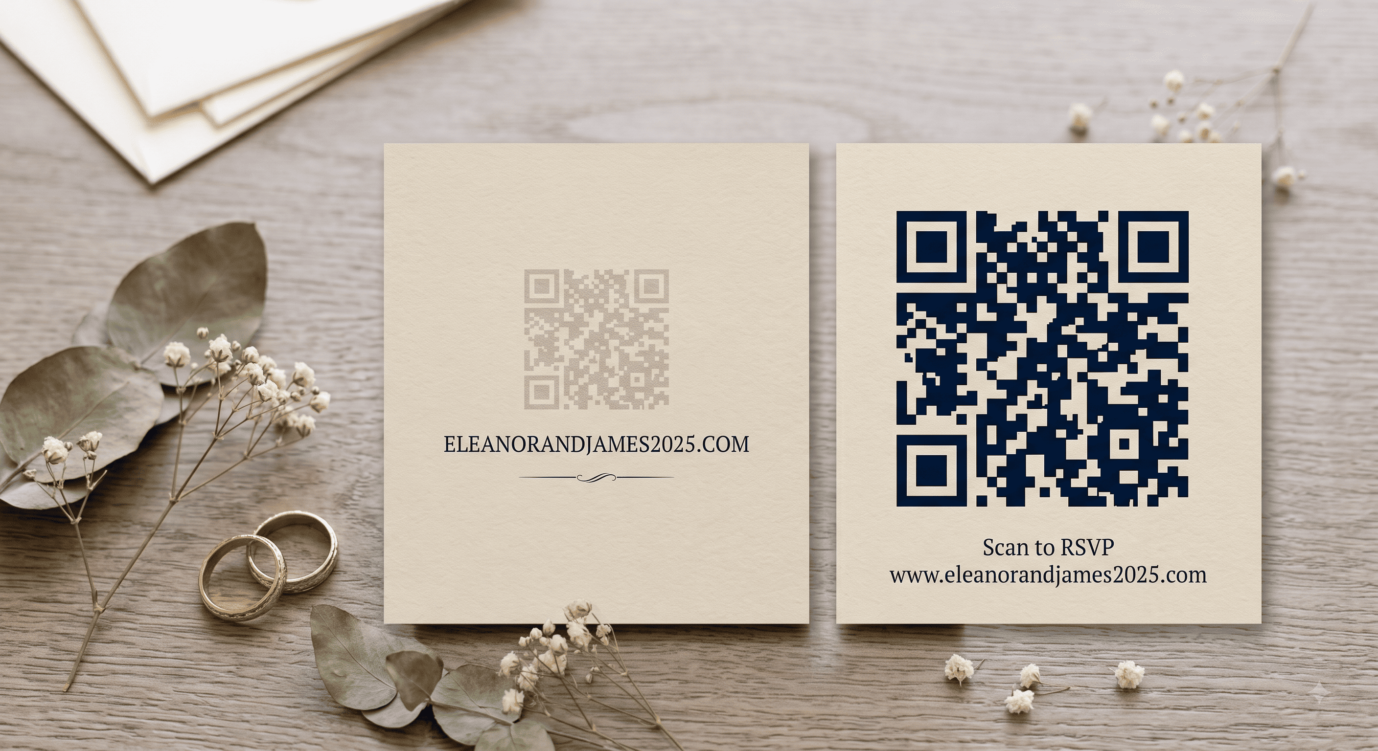 Two printed wedding cards side by side, one with a small faint QR code and one with a larger high-contrast code on matte stock.