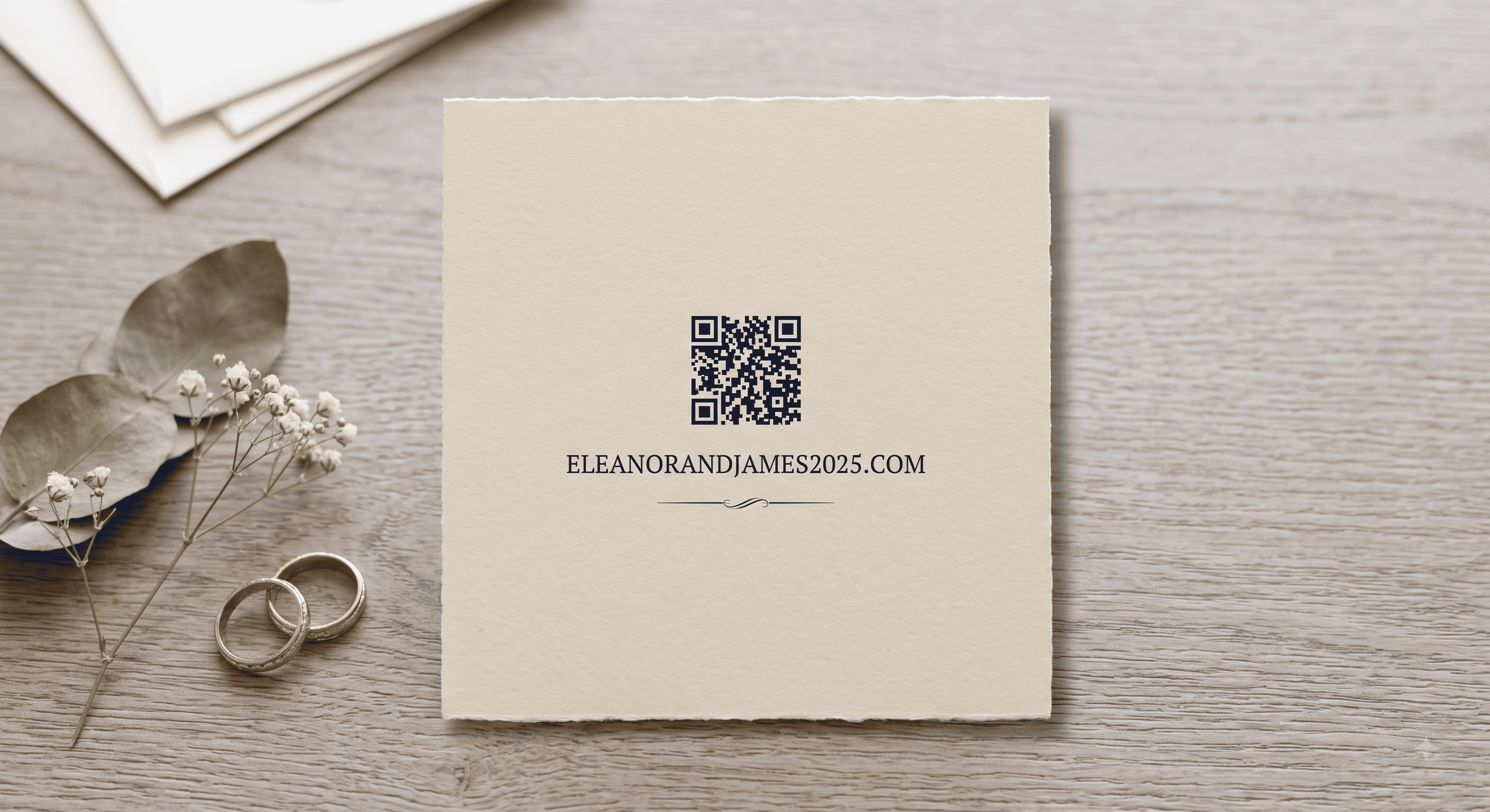 The back of a photo save the date card showing a small QR code and a printed wedding website address on a plain cream background.