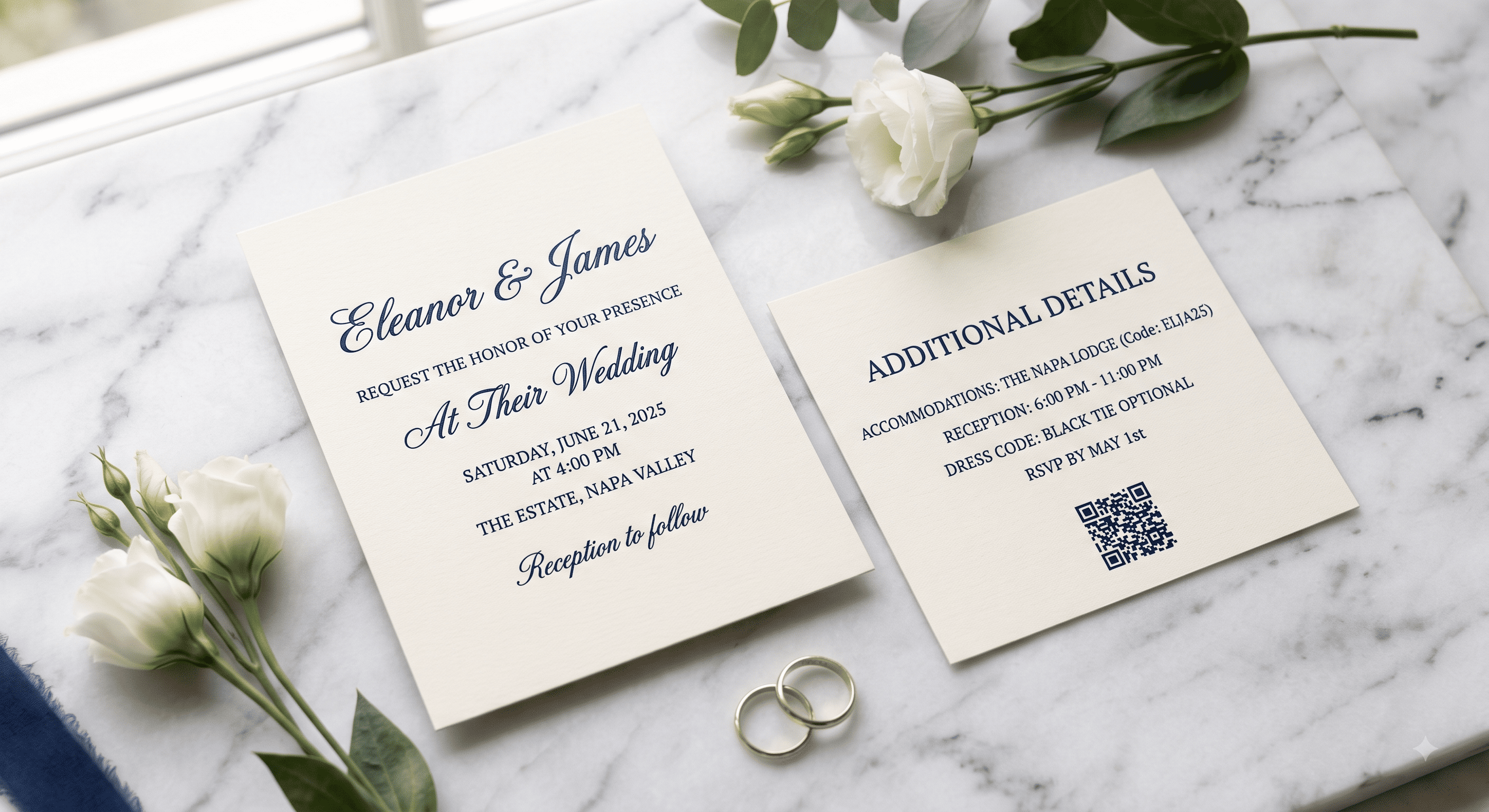 A cream wedding invitation and matching details card on a marble surface, with a small navy QR code printed in the lower corner of the insert.