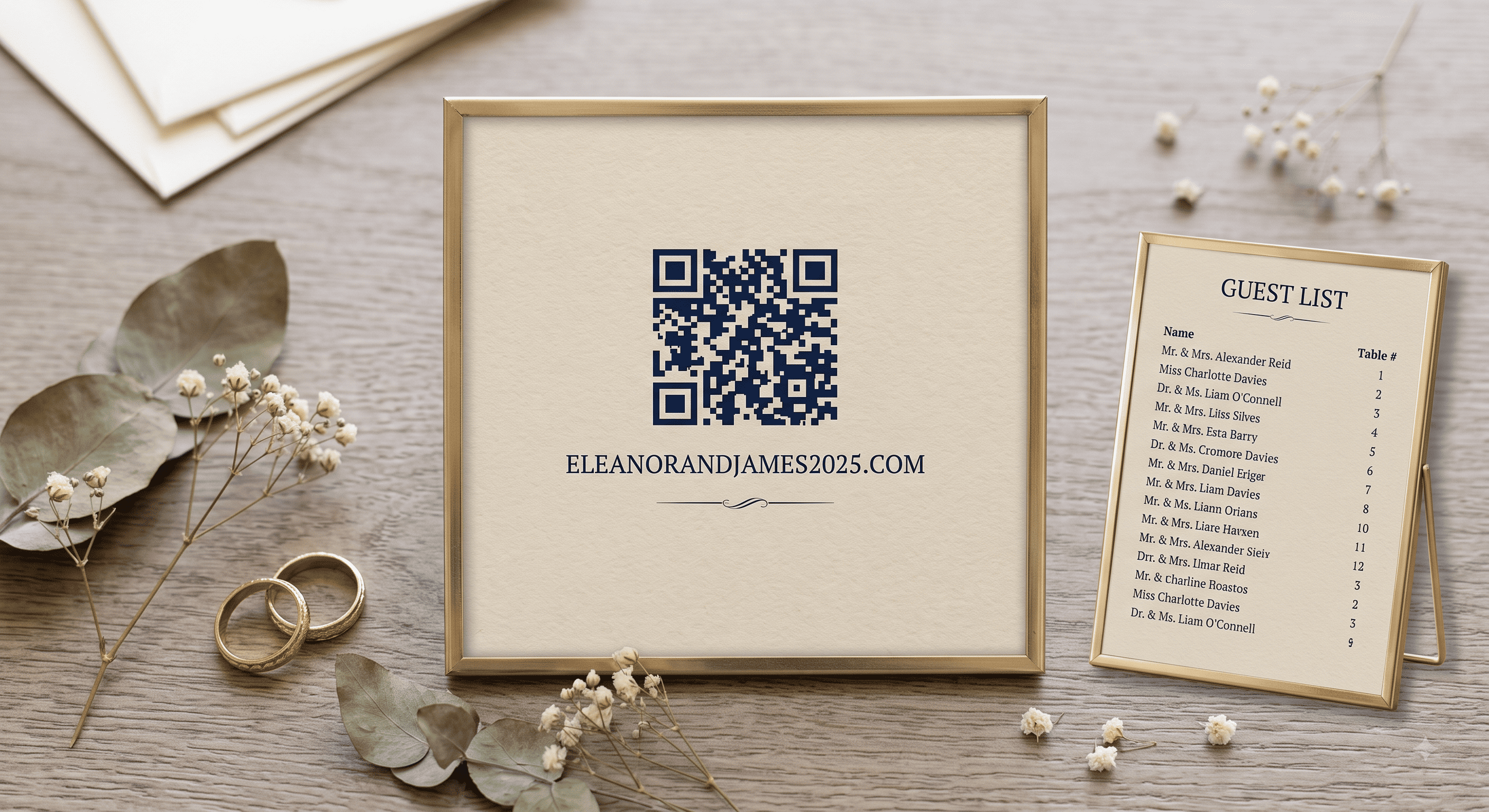 A welcome table at a wedding with a framed sign showing a large QR code and a printed guest list beside it.