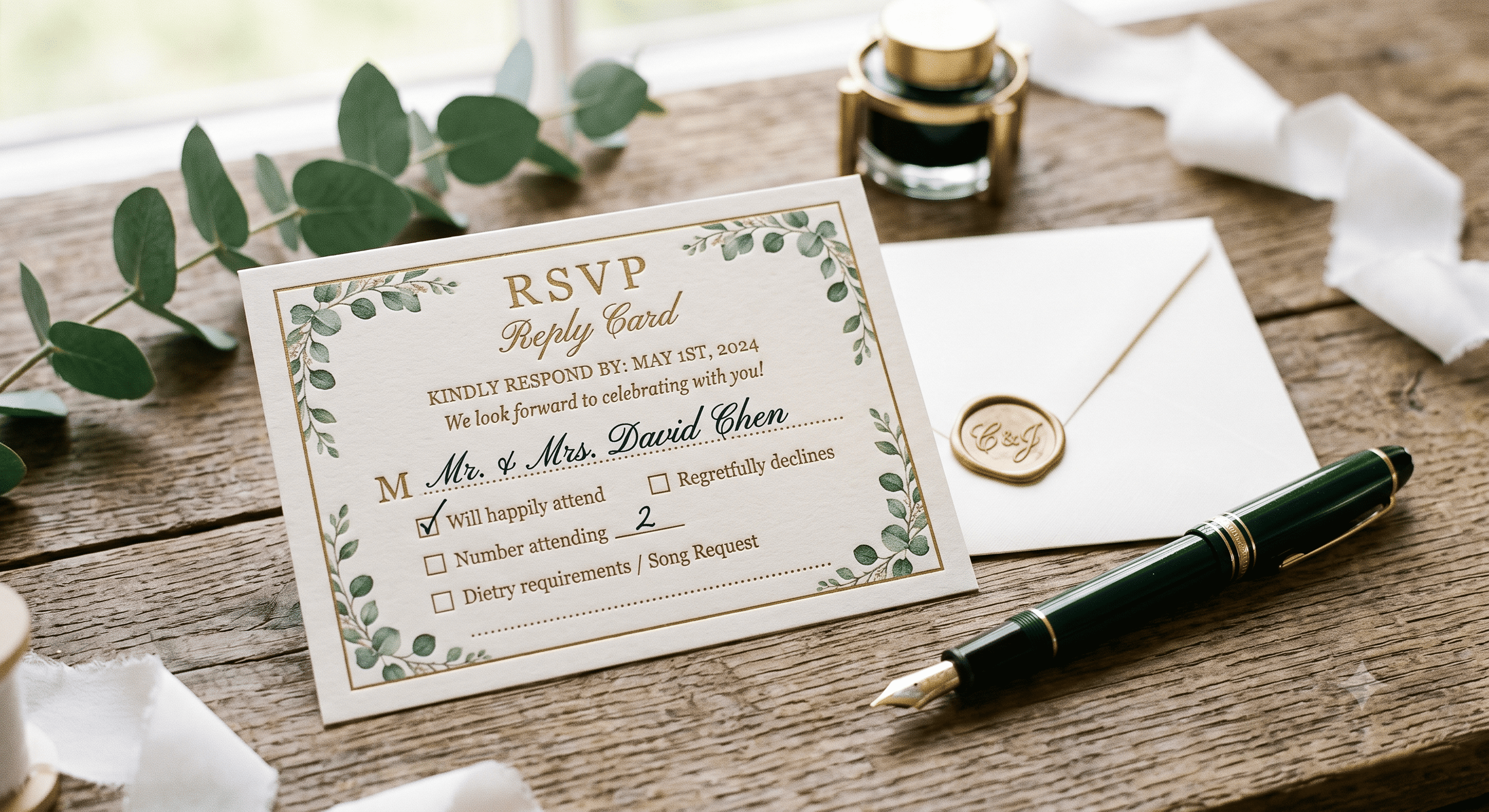 A cream RSVP reply card with an M-line and tick boxes, resting on a matching envelope beside a fountain pen.