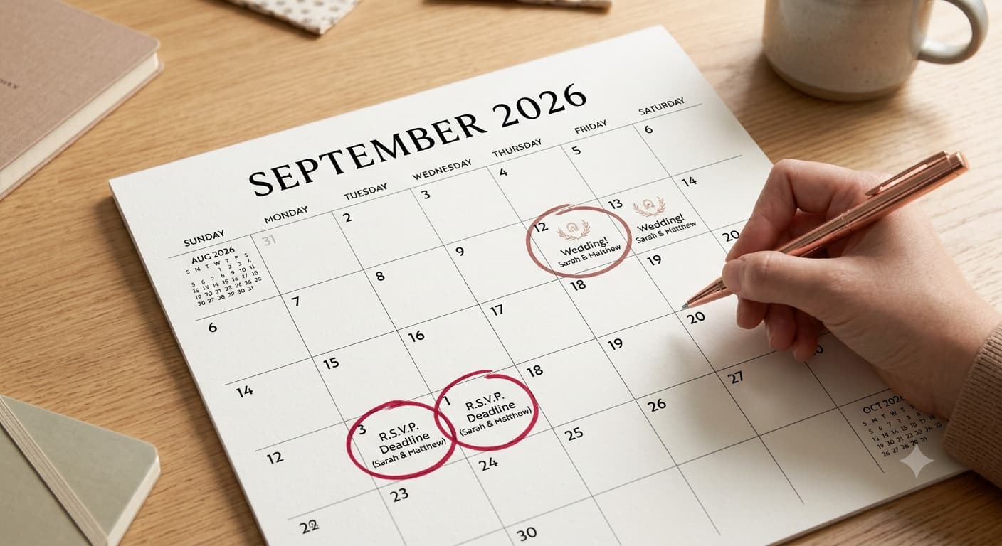 A wall calendar with a wedding date circled and an earlier RSVP deadline marked in a different colour.