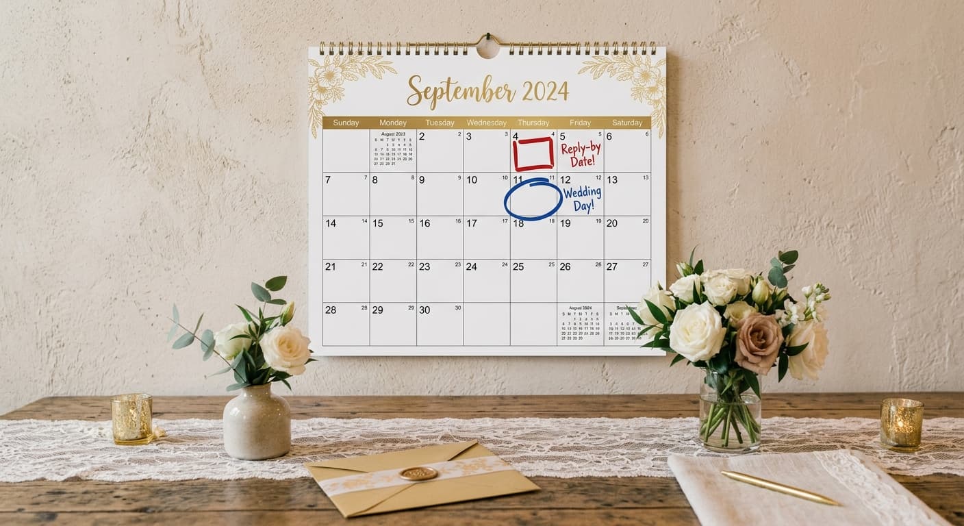 A wall calendar with an event date circled and an earlier reply-by date marked in a different colour.