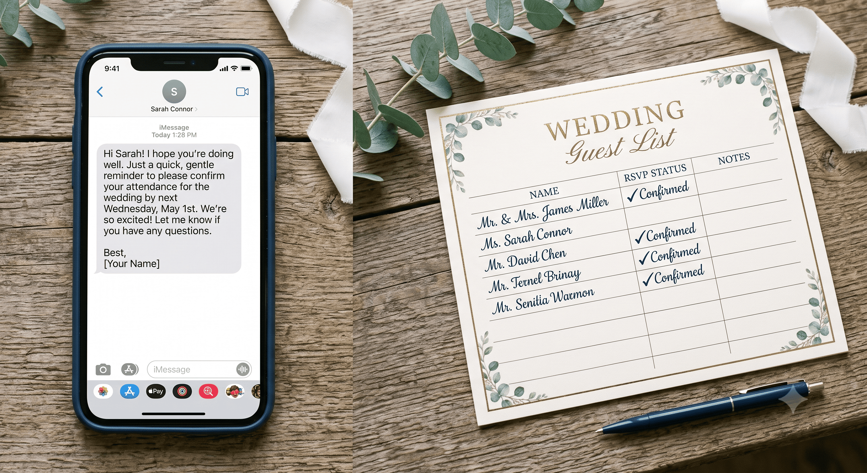 A phone screen showing a short polite text message asking a guest to confirm attendance, beside a printed guest list.