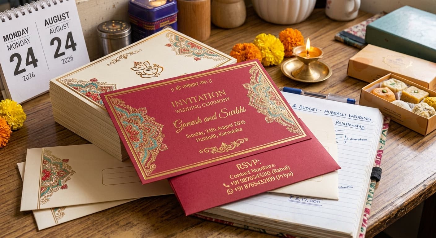 An Indian wedding invitation card in red and gold with RSVP and two contact numbers printed at the bottom.