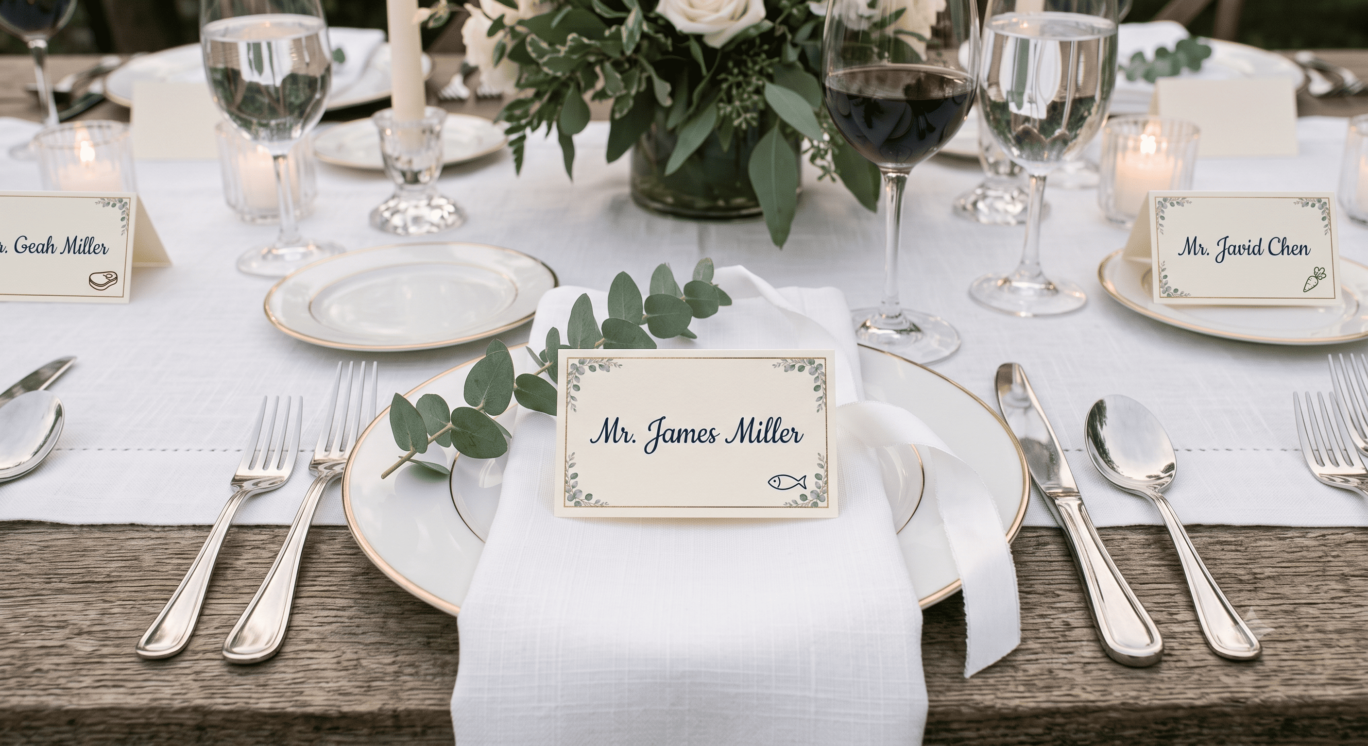 A place card with a small meal-choice symbol in the corner, set on a folded napkin at a laid dinner table.